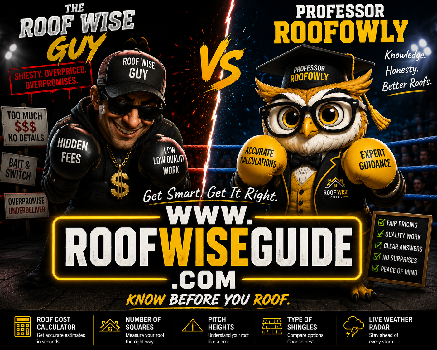 The Roof Wise Guy vs Professor Roofowly — get smart, get it right at RoofWiseGuide.com
